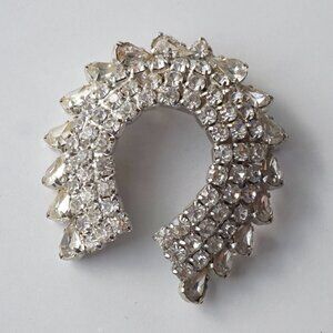 Mid-Century Rhinestone Horseshoe Brooch, Silver Tone, 2.5", Cocktail Pin